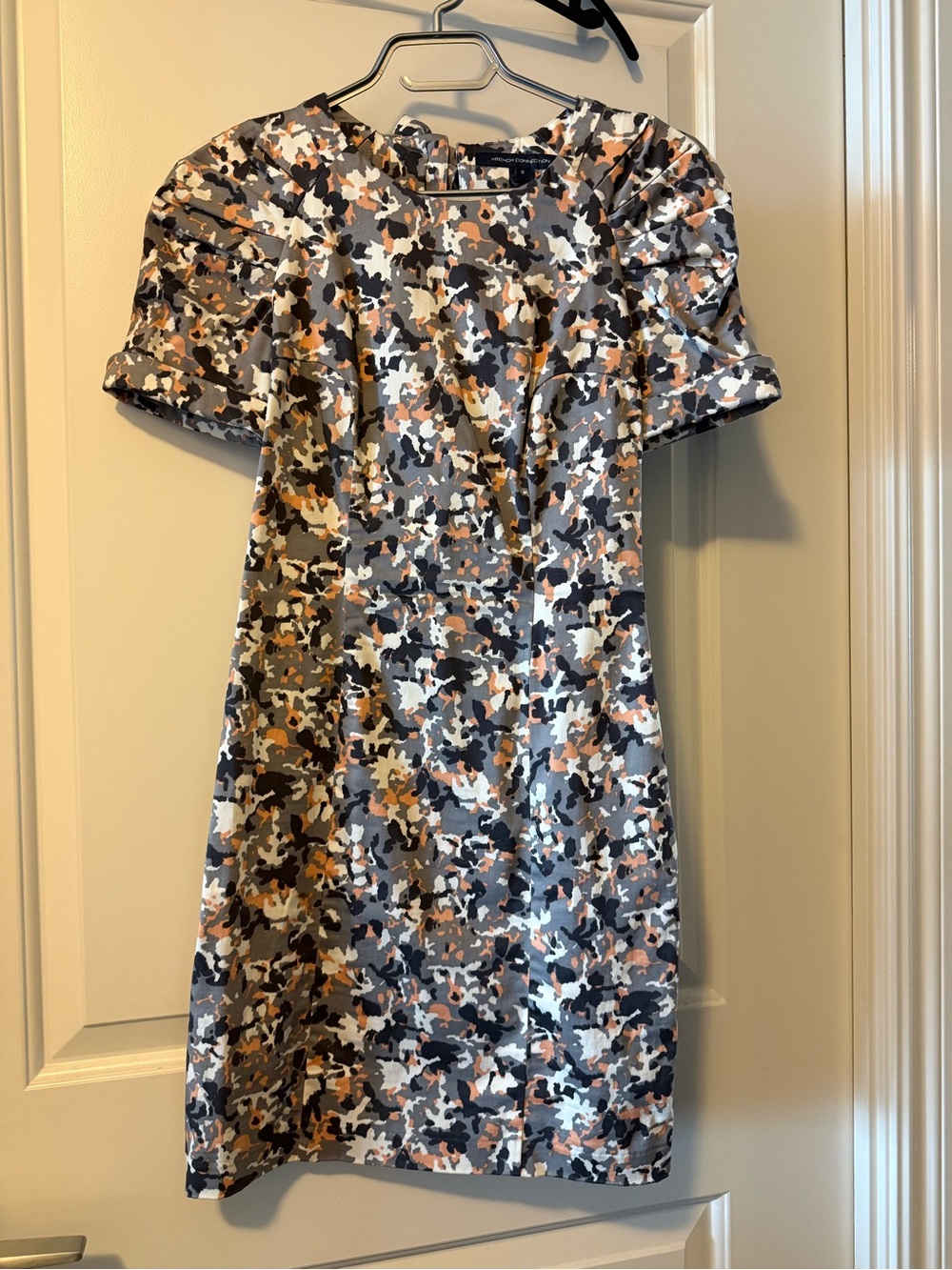 French Connection Puff Sleeve A-Line Dress in Gray, Black & Cream Camo Print